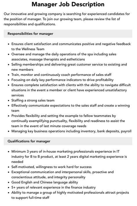 manager duties resume|Manager Job Description Sample .